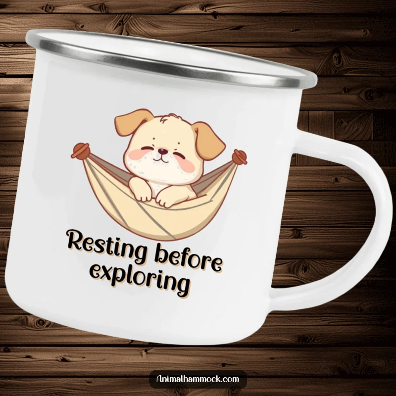 Funny puppy camping mug showing a giggling puppy sleeping soundly in a hammock, ideal for relaxed outdoor trips. Durable and humorous.
