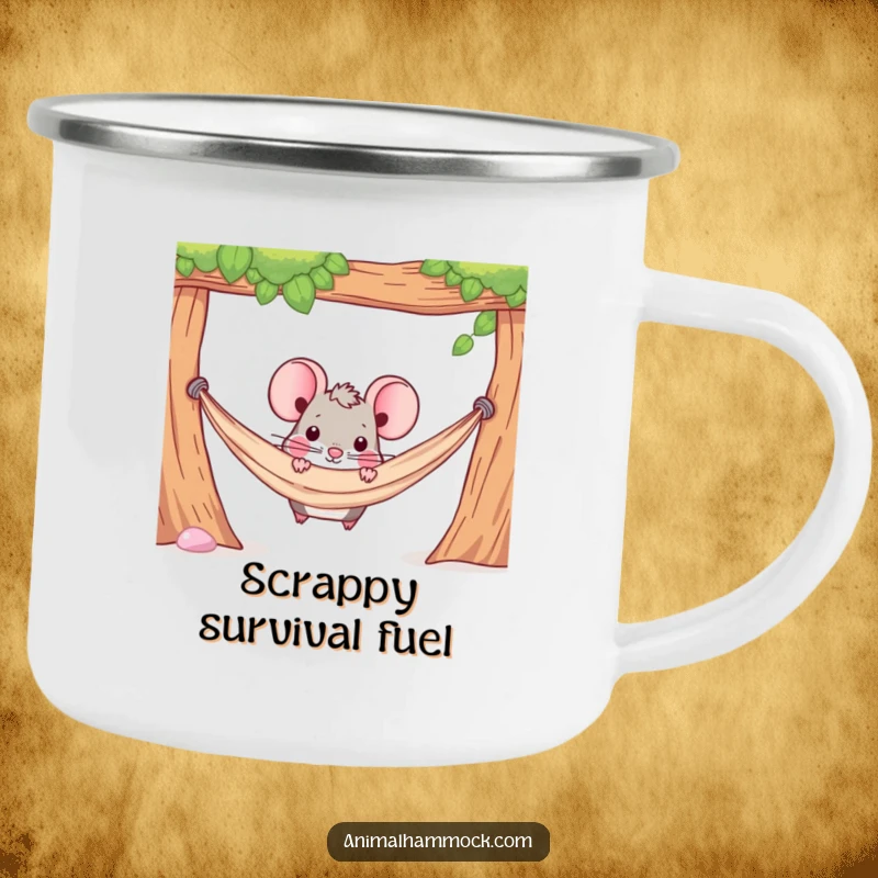 Funny camping mug featuring a determined mouse character peeking out from under a hammock, perfect for watchful campers.