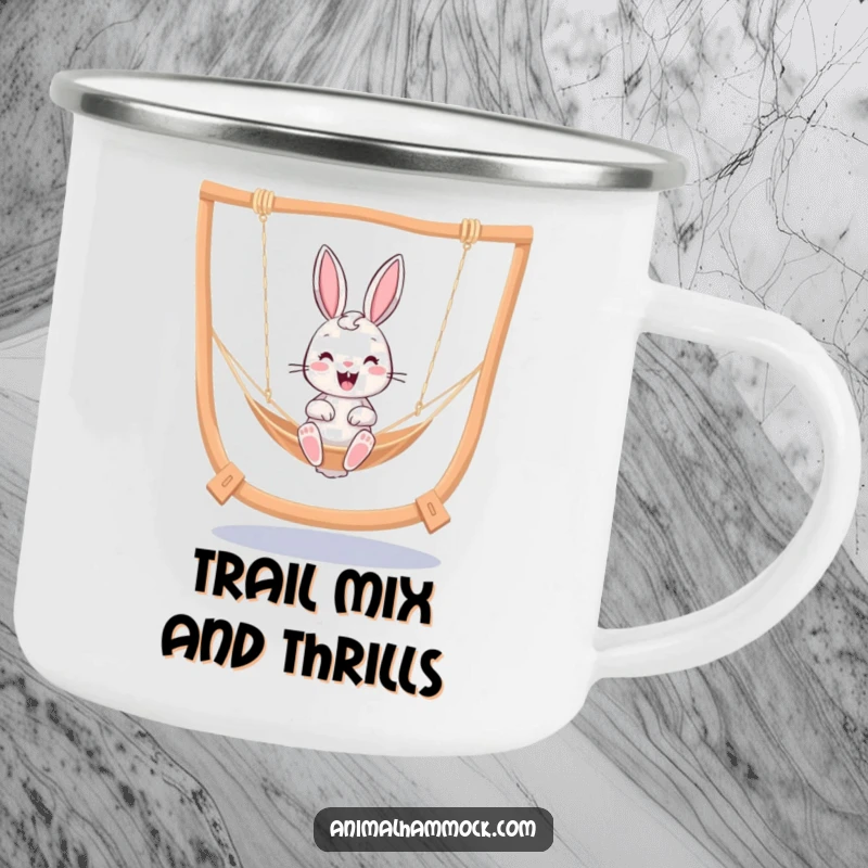 Funny cheerful bunny bouncing in a hammock, ideal for a camping mug, combining adventure with humorous cheer.