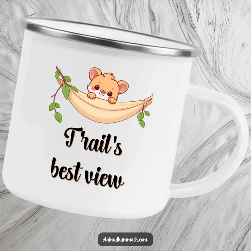 Funny camping mug with a playful animal peeking over a hammock, designed for outdoor enthusiasts who enjoy their coffee with a side of humor.
