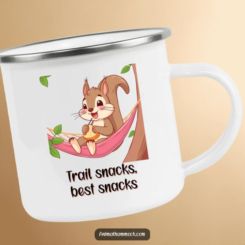 Funny Squirrel Camping Mug: A durable mug with a squirrel snacking in a hammock, ideal for outdoor fun and comedic breaks, a great gift.