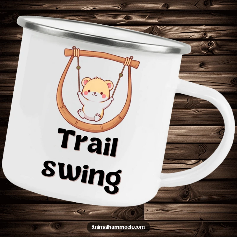 Funny camping mug featuring a small animal gently swinging in a hammock, built for rugged fun and outdoor relaxation.