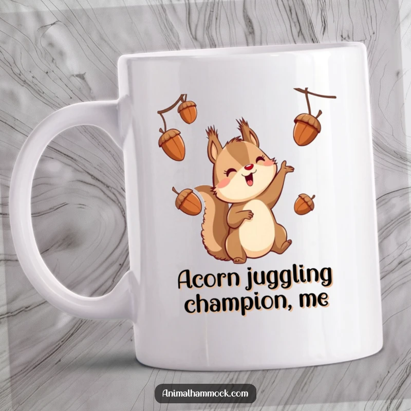 Funny squirrel character expertly juggling acorns while suspended in the air, depicted on a mug with a playful and humorous vibe.