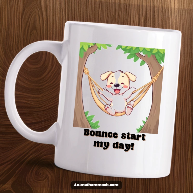 Funny puppy mug showing an energetic dog enthusiastically bouncing in a hammock, radiating pure joy and playfulness.