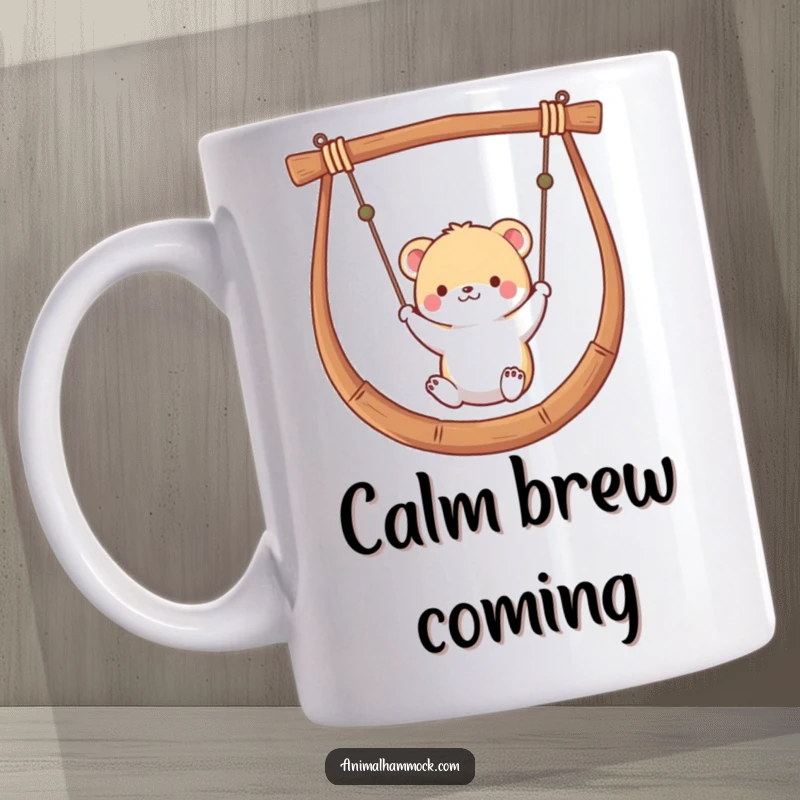 Funny mug showing a small, cute animal gently swinging back and forth in a cozy hammock, exuding pure relaxation and joy.