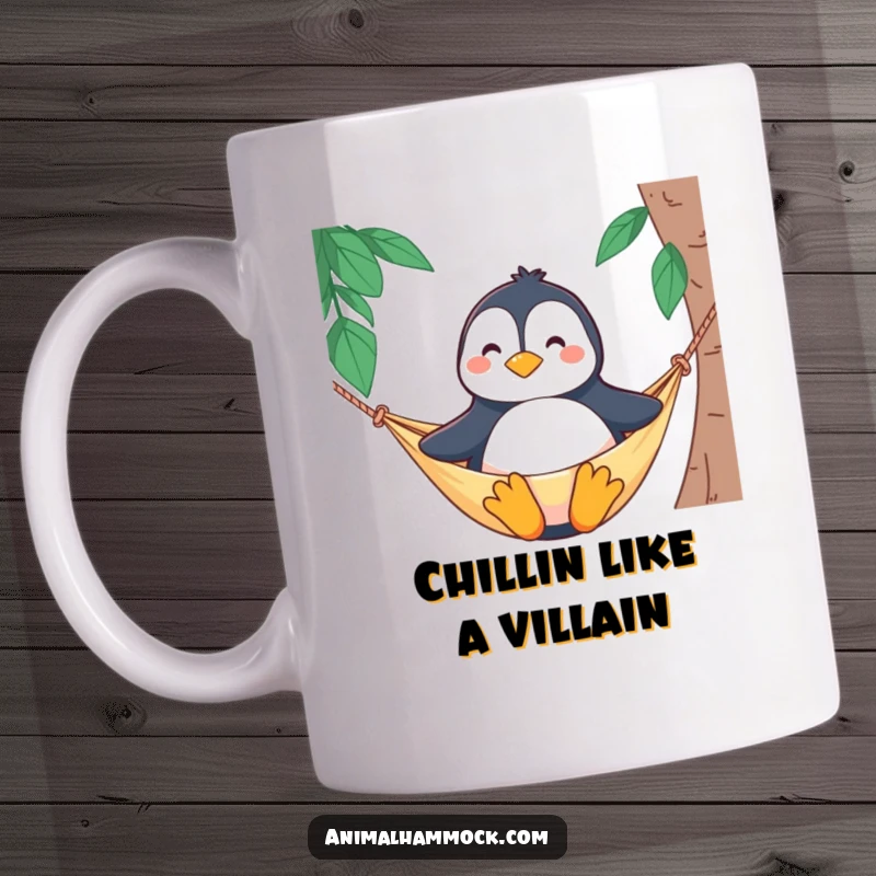 Funny mug featuring a proud penguin sitting upright and smiling contentedly in a cozy hammock, radiating joy and relaxation.