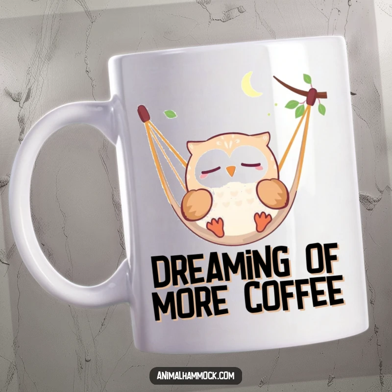 Funny round owl character happily dreaming while floating in a hammock, a peaceful and humorous mug design.