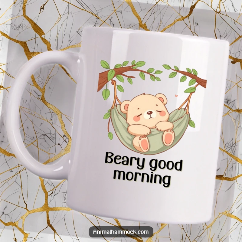 Funny Bear Cub Hammock Mug showing a content bear cub sleeping soundly while relaxing in a cozy hammock.