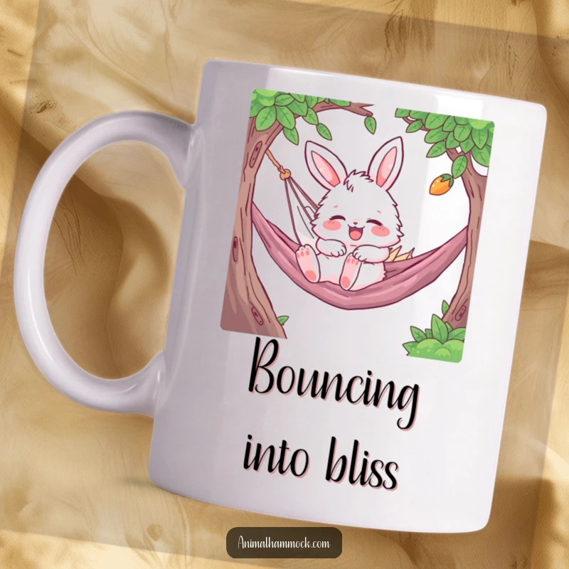Funny Bunny Mug featuring a fluffy character gleefully bouncing while napping sound asleep in a cozy hammock, a picture of pure joy.