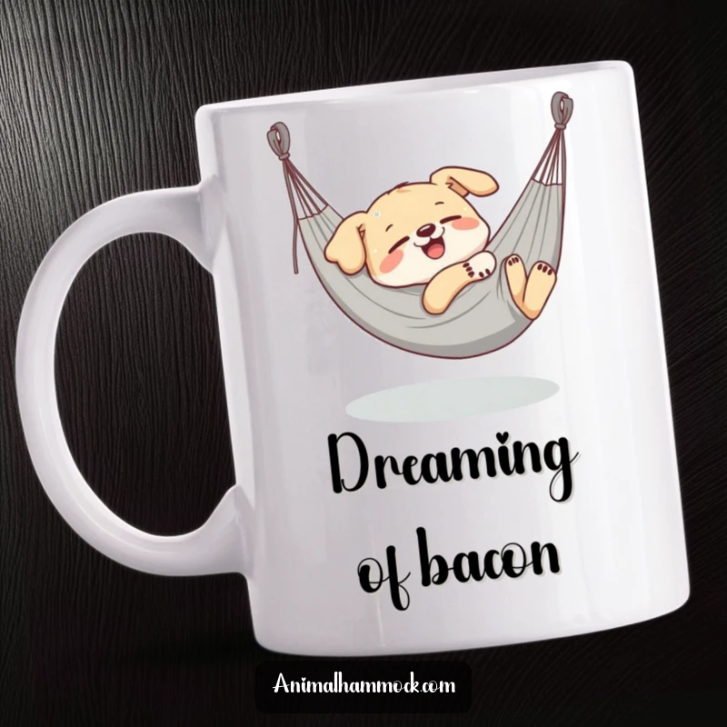 Funny Dog Mug, a delighted dog character blissfully napping in a stretched hammock, embodying pure canine contentment.