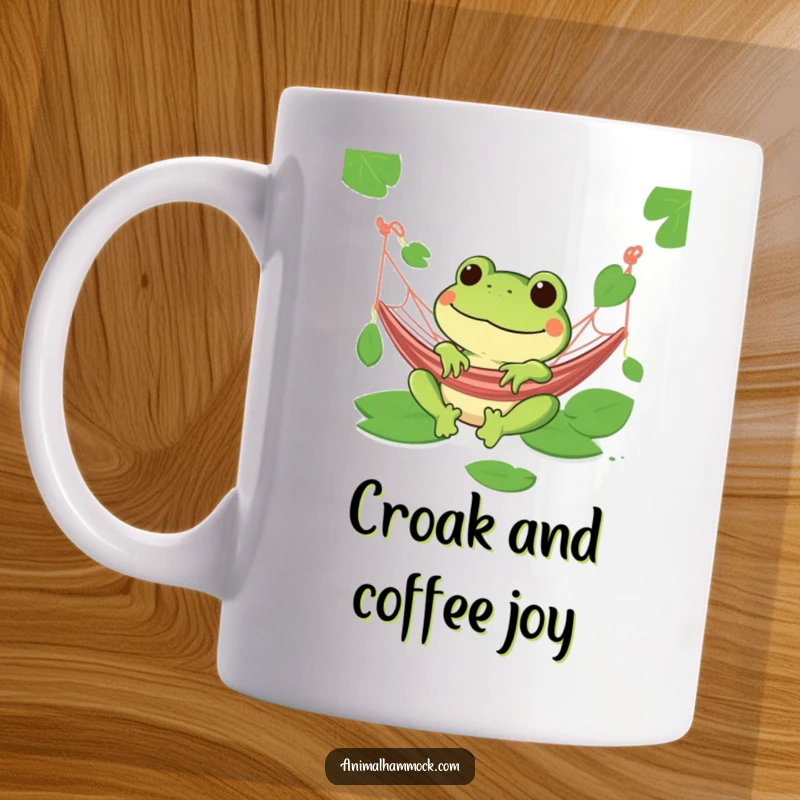 Funny green frog with a wide grin relaxing in a hammock amid lily pads, a humorous gift.