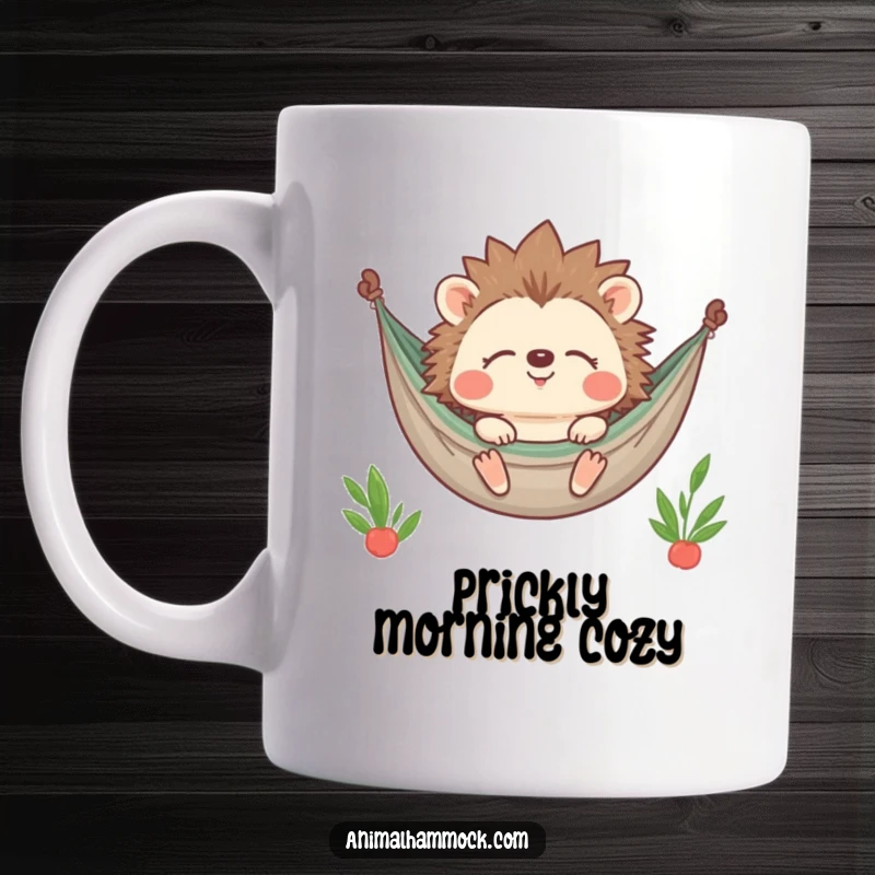 Funny Hedgehog Mug showing a contented character smiling with closed eyes while relaxing in a hammock, embodying pure bliss.