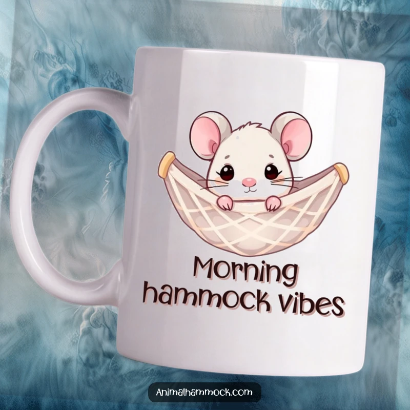 Funny mouse peeking from a hammock net, looking relaxed and content on this ceramic mug. A cute and humorous design.
