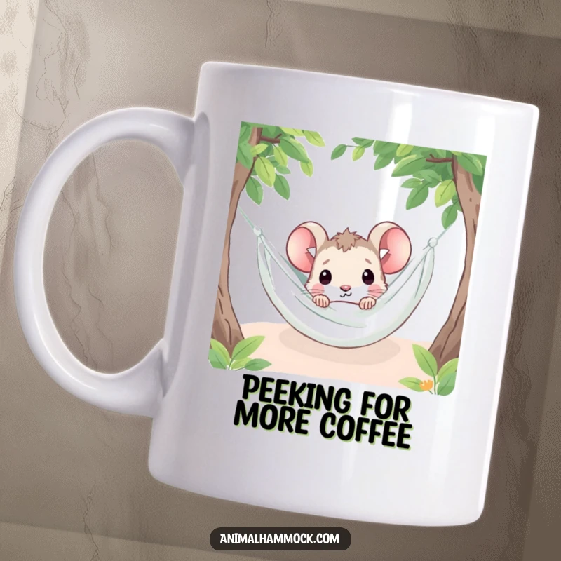 Funny curious mouse peeking from under a cozy hammock blanket, a delightful and humorous mug design.