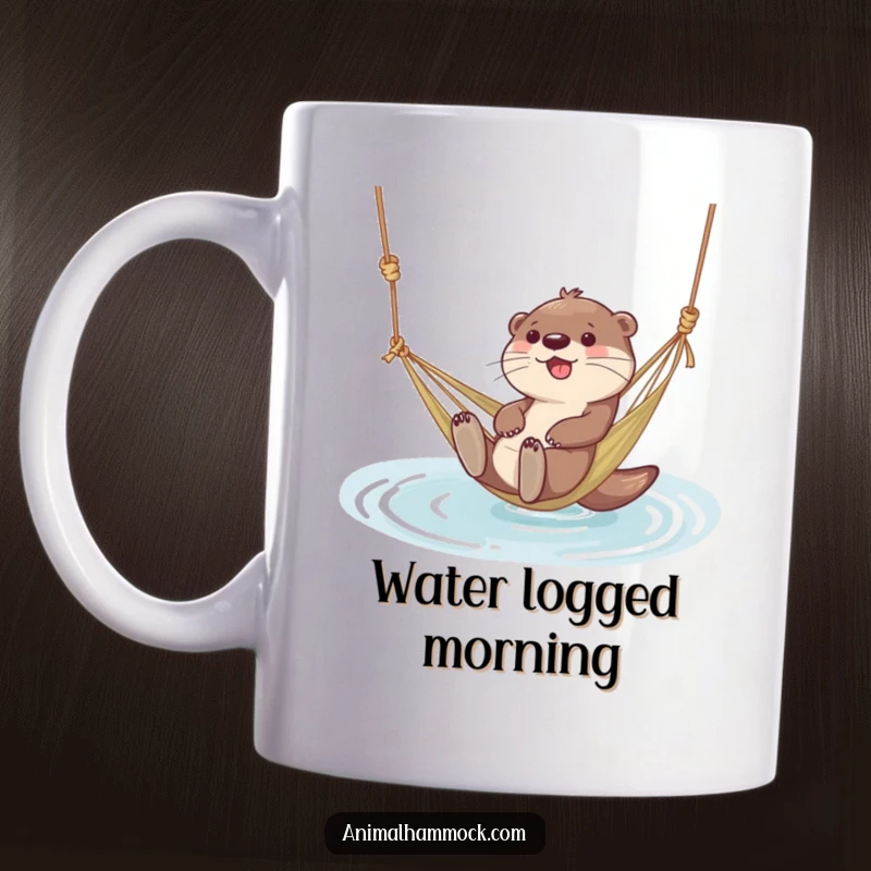 Funny mug depicting a giggling otter character happily floating in a hammock tied to water, radiating pure joy.