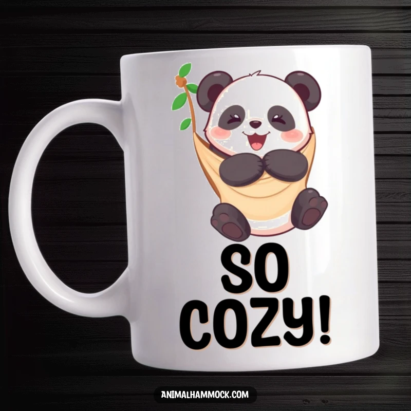 Funny mug showcasing a joyful panda tightly hugging a hammock, radiating happiness and comfort. Perfect gift for animal enthusiasts.