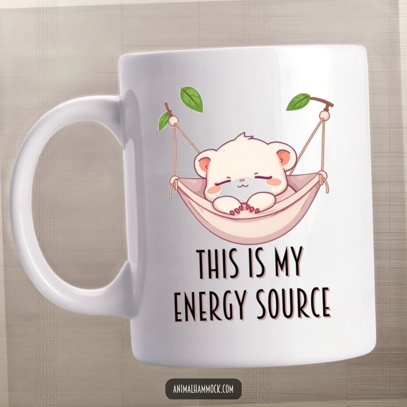 Funny Mug: A tiny creature peacefully napping in a hammock, paws dangling, embodying ultimate relaxation and laziness.