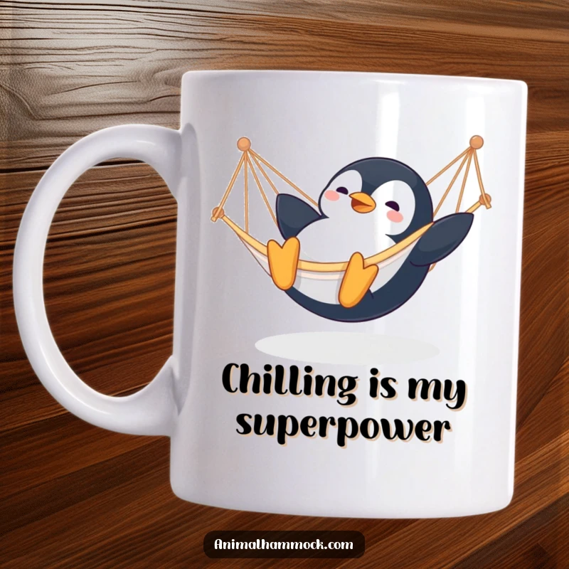 Funny Penguin Mug: A contented penguin gleefully sliding into a hammock, embodying pure joy and arctic humor, a fantastic funny gift.