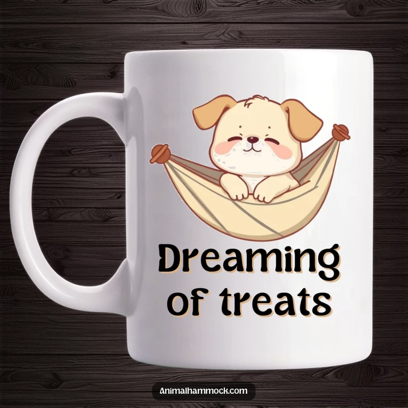 Funny puppy mug featuring a giggling puppy sleeping soundly in a hammock, embodying peaceful canine dreams. A cute and funny gift.