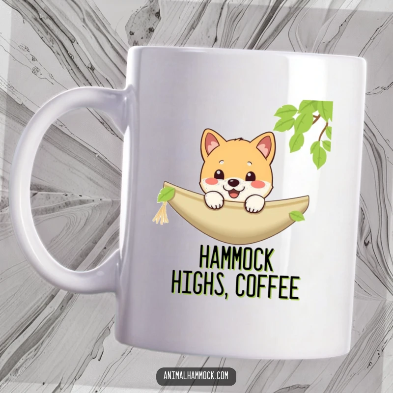 Funny Shiba Inu puppy mug, cheerfully peeking over the edge of a hammock, a cute and humorous gift idea.