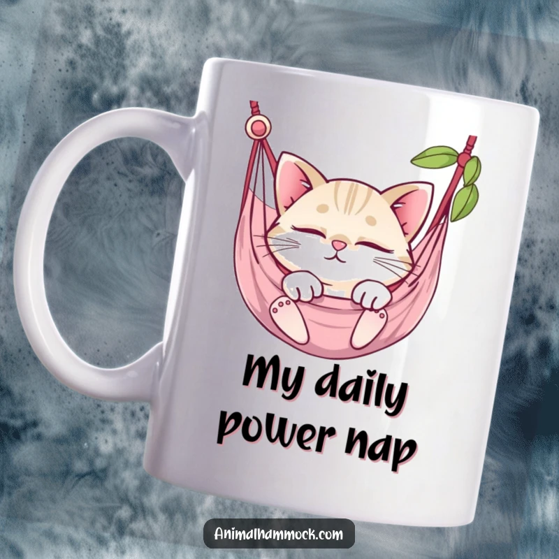 Funny round cat with big sparkly eyes napping in a hammock, a cute and cozy scene for this mug.