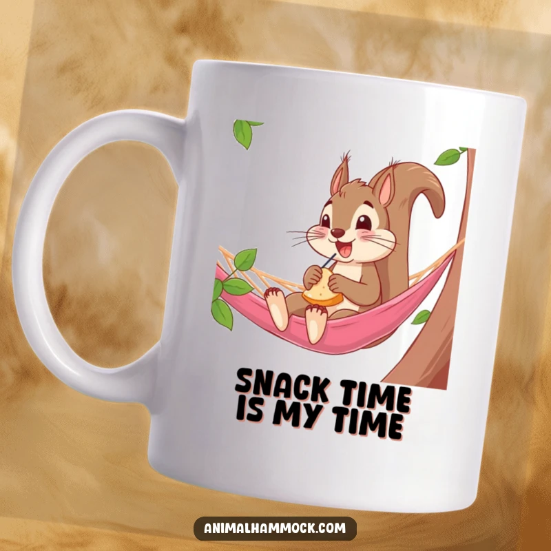 Funny Squirrel Mug: An excited squirrel happily snacking while lounging in a hammock, embodying comedic delight and snack appreciation, a great funny gift.