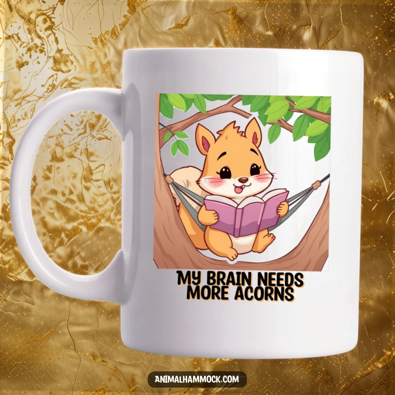 Funny squirrel character engrossed in a book while relaxing in a cozy hammock, perfect for coffee lovers.