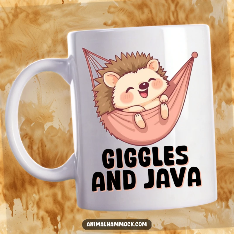 Funny mug featuring a delighted hedgehog rolling into a hammock, exuding pure, infectious happiness and giggles. Great gift.