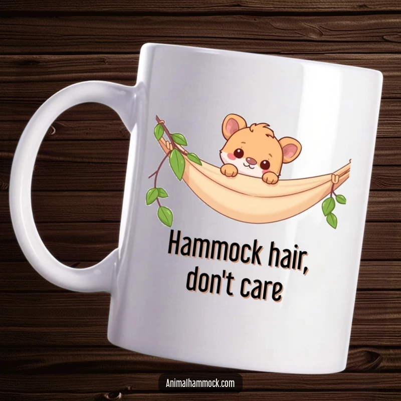 Funny mug with a curious animal peeking over a hammock edge, showing playful mischief and a love for relaxation.