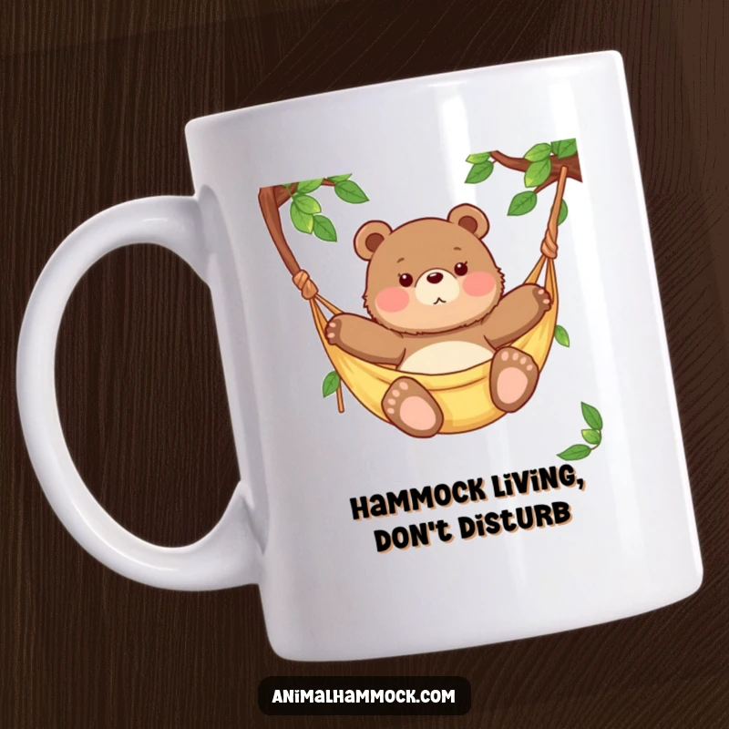 Funny chubby bear cub relaxing rhythmically in a woven hammock, showcasing pure bliss and a humorous, laid-back vibe.
