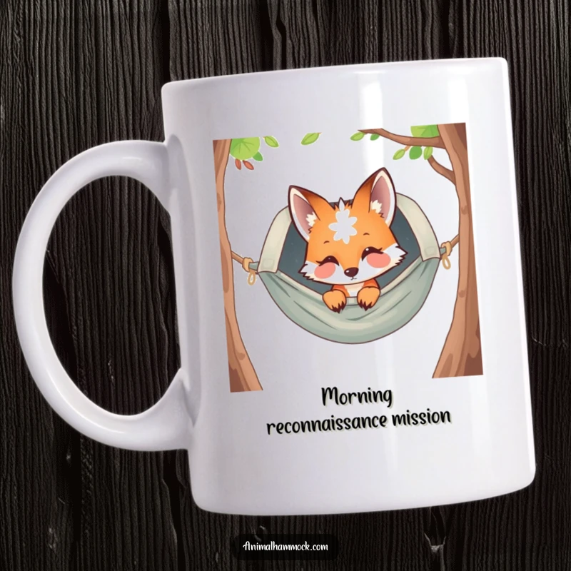 Funny fox peeking curiously from a cozy hammock, printed on a durable mug, capturing a moment of playful mischief and relaxation.