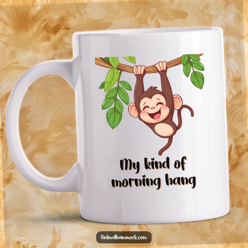 Funny monkey mug design of a giggling primate dangling upside down from a hammock, radiating pure joy and silliness.