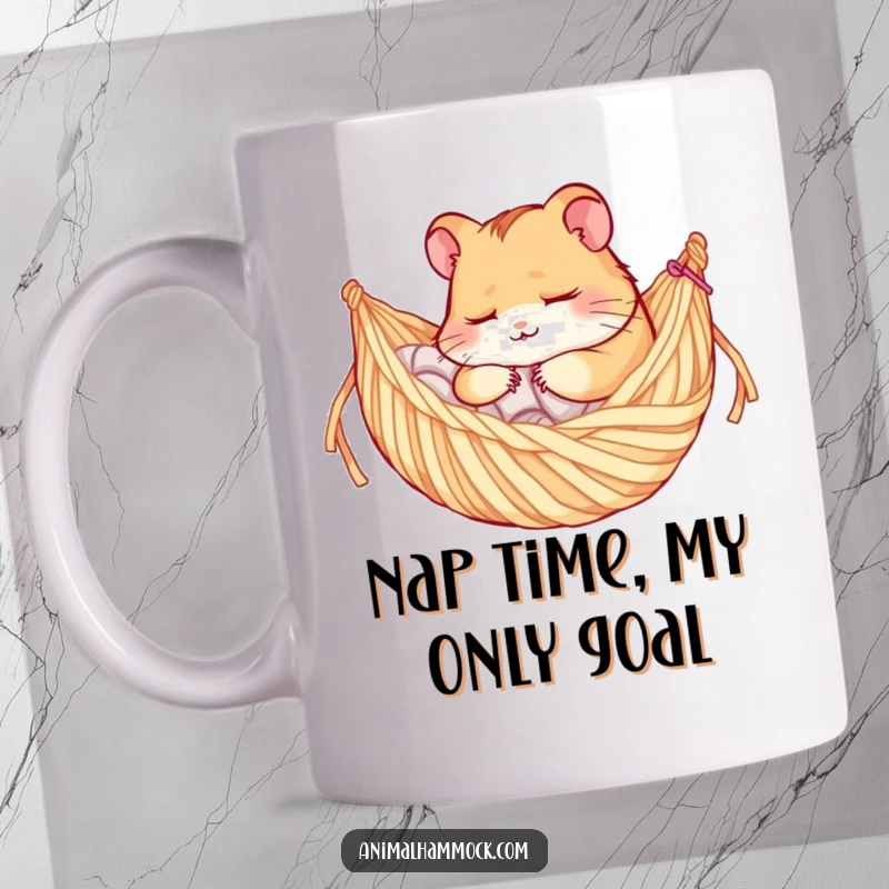 Funny mug featuring a sleepy hamster character blissfully napping in a cozy yarn hammock, radiating pure contentment and relaxation.