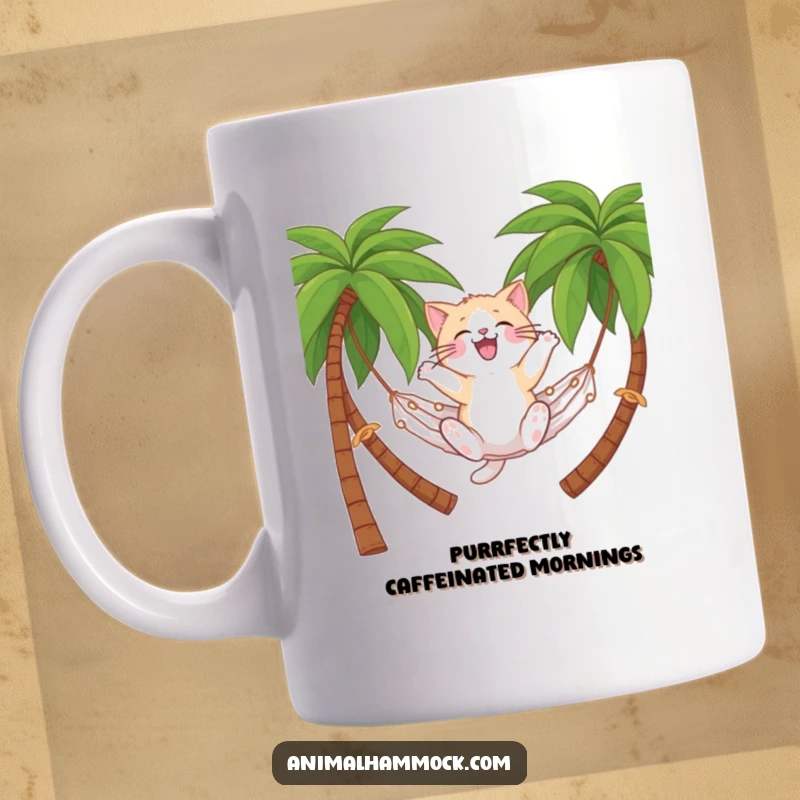 Funny fluffy cat joyfully bouncing on a hammock between palm trees, embodying vacation vibes and happiness, a perfect funny gift.