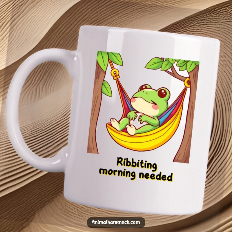 Funny small frog character serenely relaxing in a brightly colored hammock, a cheerful and humorous mug design.