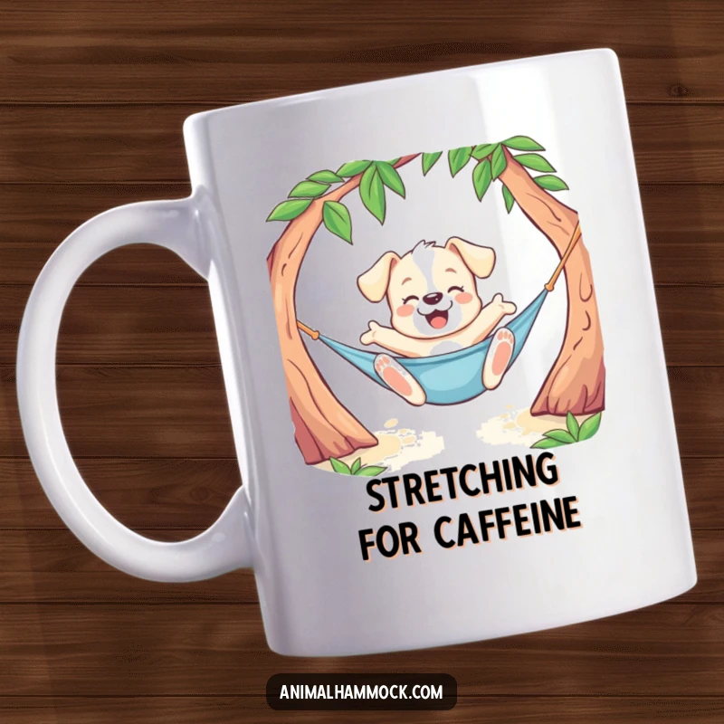 Funny Puppy Mug showing a playful dog doing a joyful stretch while lounging in a hammock, embodying pure happiness and relaxation.