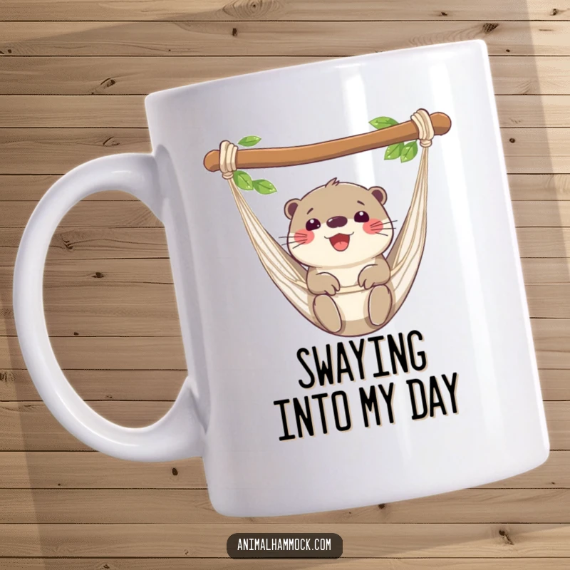 Funny otter mug showing a happy otter swaying in a hammock, embodying pure relaxation and joy. A cute and funny gift for all.