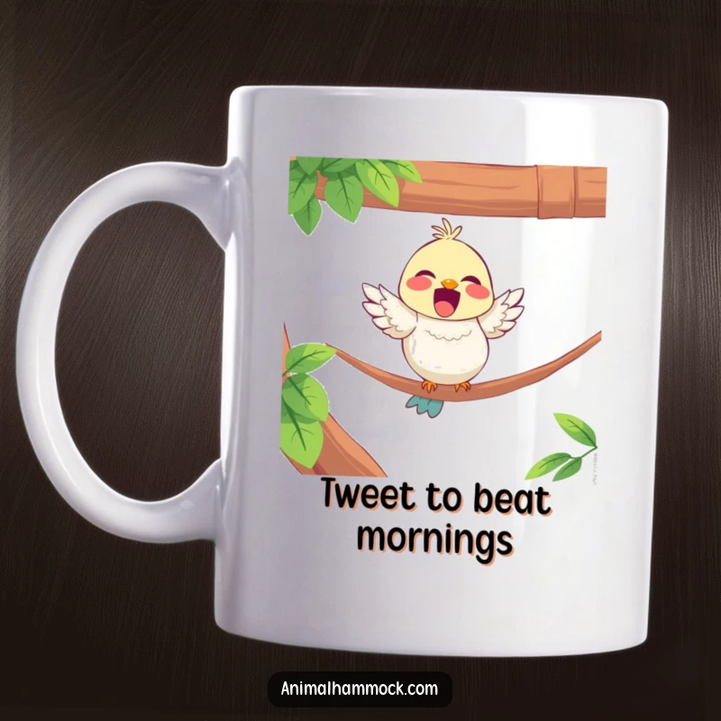 Funny mug showcasing a delighted bird character perched happily on the edge of a hammock, radiating joy.