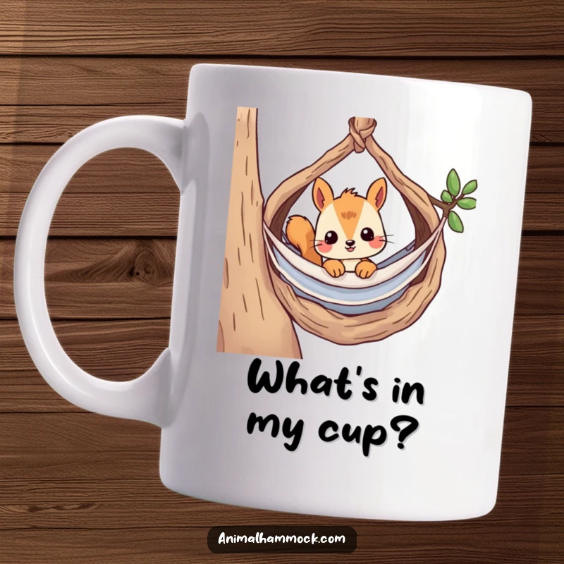 Funny mug featuring a curious squirrel character peeking over the edge of a snug hammock built within a cozy nest.