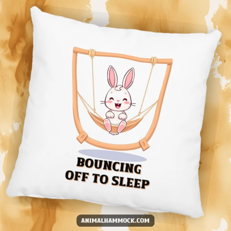 Funny cheerful bunny caught in a playful bounce within a hammock, a soft and humorous pillow design.