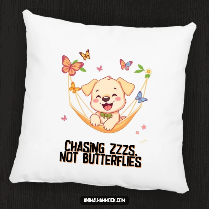 Funny Puppy Pillow: A plush pillow depicting a happy puppy chasing butterflies near a hammock, adding comedic charm and adorable comfort.