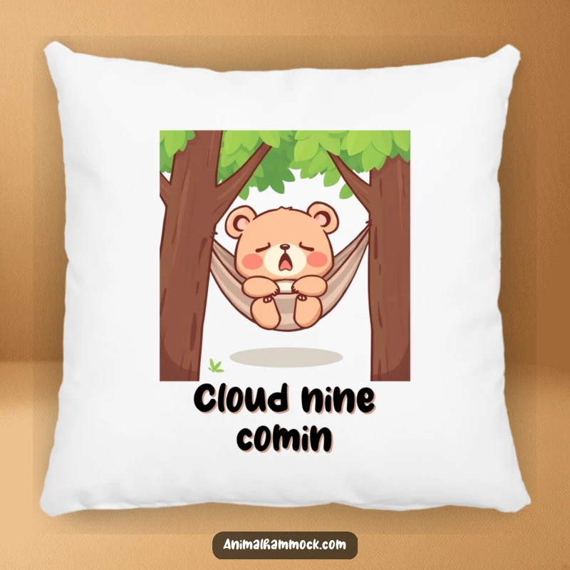 Funny yawning bear cub dozing in a hammock between trees, printed on a soft pillow, offering comfort, charm, and humorous sleepiness.