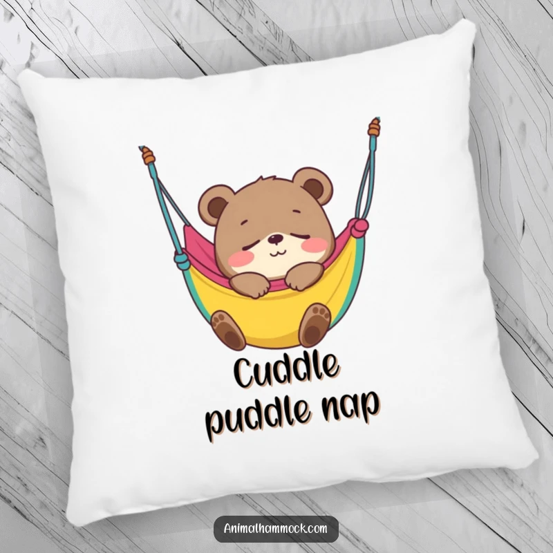 Funny Bear Cub Pillow depicting a smiling cub blissfully fast asleep in a colorful hammock, a soft and humorous decorative accent.