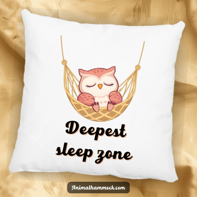 Funny sleepy owl resting peacefully in a hammock, a soft and humorous pillow design for serene decor.
