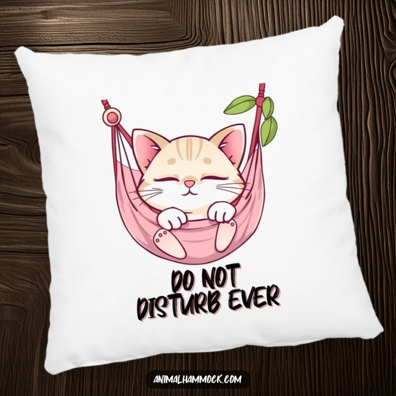 Funny round cat with large, captivating eyes slumbering in a hammock, perfectly depicted on a soft, decorative pillow.
