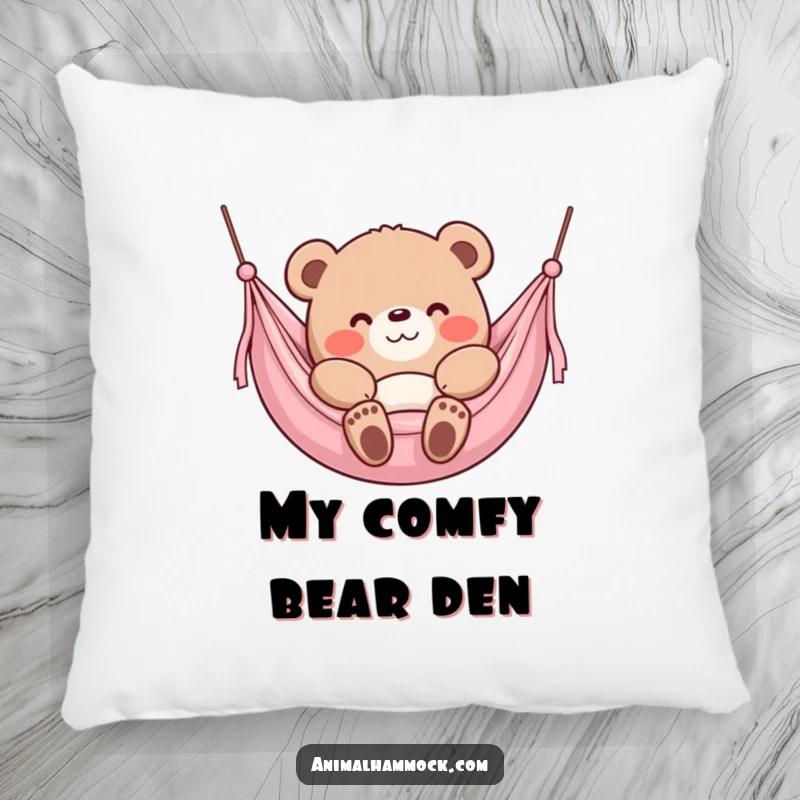 Funny Bear Pillow, a content bear character sinking into a plush hammock with a smile, offering ultimate comfort.