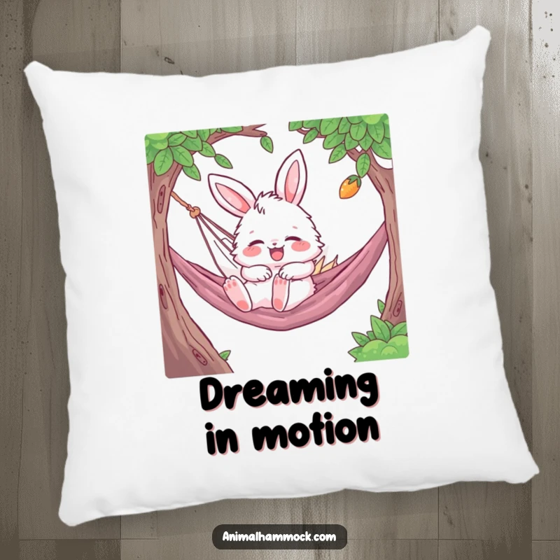 Funny Bunny Pillow featuring a fluffy character gleefully bouncing while napping in a hammock, a soft and humorous decorative accent.