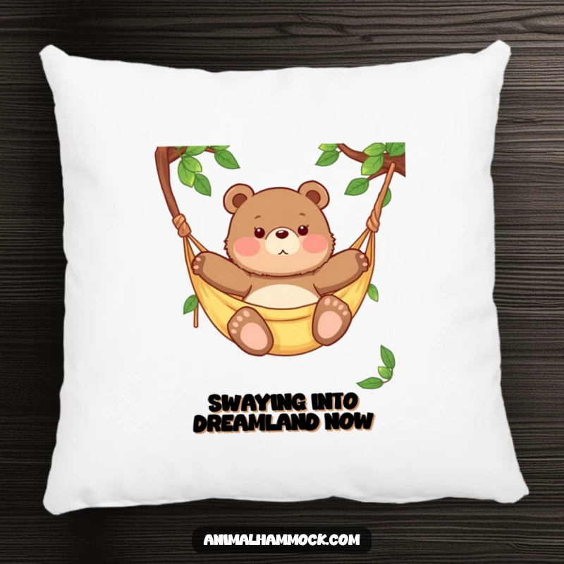 Funny chubby bear cub lazily swaying in a hammock, a soft and huggable pillow design for humorous home decor.