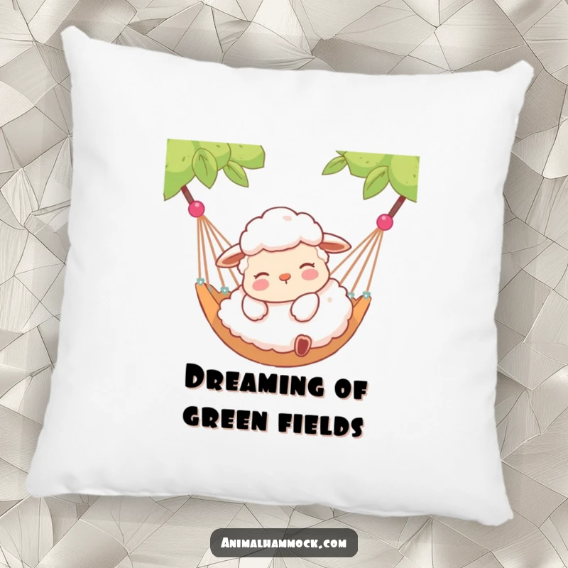 Funny pillow with a contented sheep lying peacefully in a hammock, offering comfort and a dose of serene, fluffy humor.