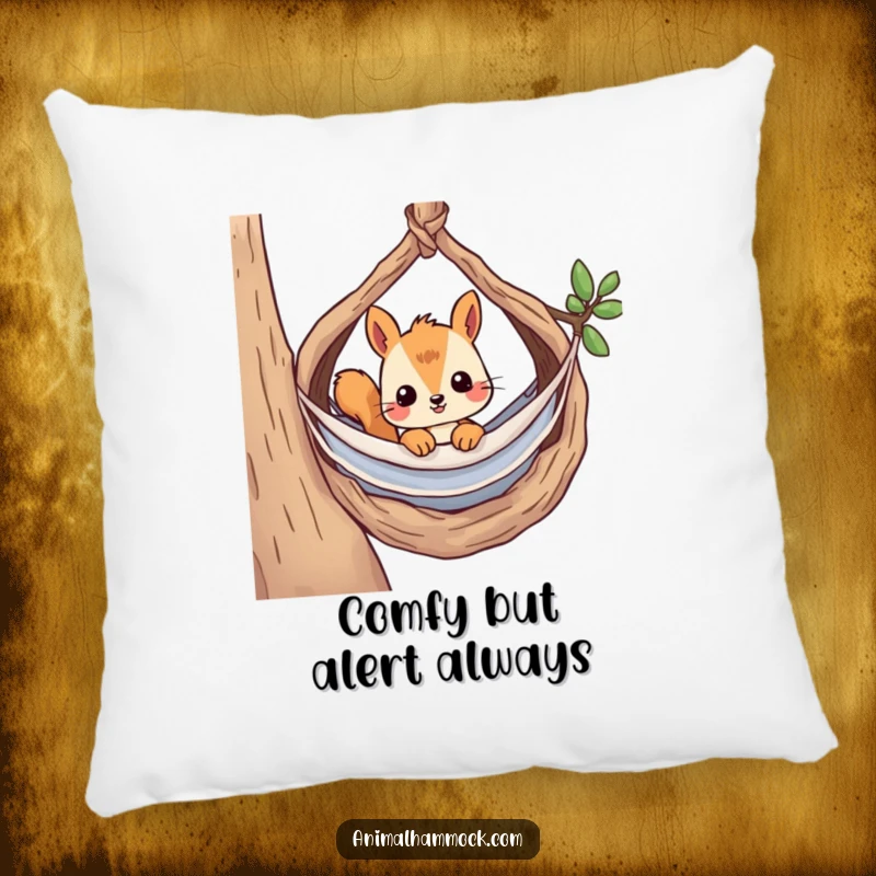 Funny pillow featuring a curious squirrel peeking from its hammock within a cozy nest, offering plush comfort and whimsical humor.